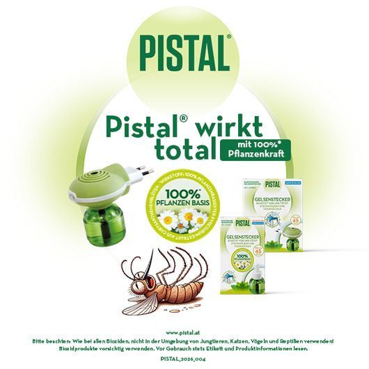 Pistal Gelsenstecker und Nachfüllung, 100% pflanzliche Basis, mit einem toten Mücken-Symbol.
