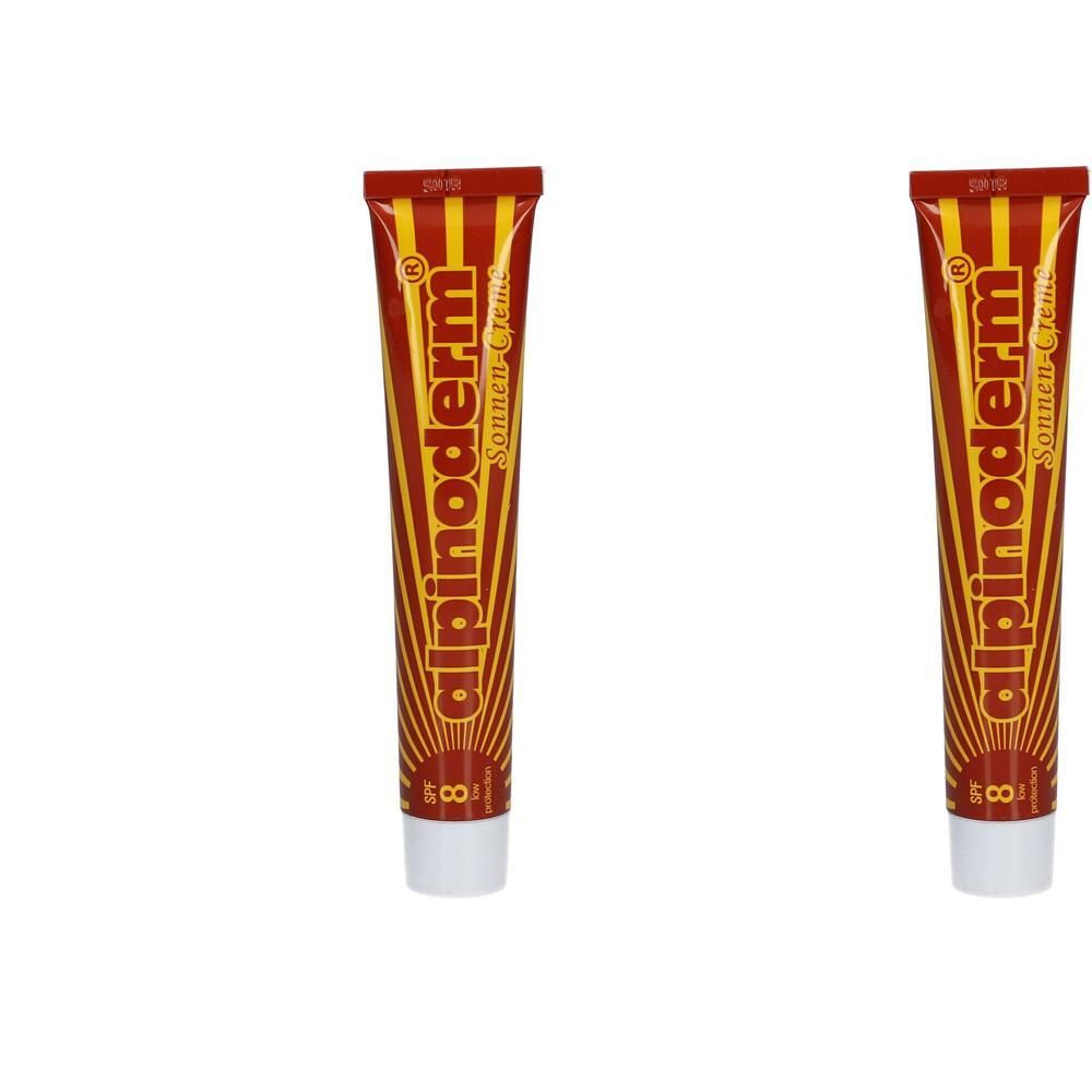 Zwei Tuben Alpinoderm Sonnen-Creme SPF 8. Rot-goldfarbene Verpackung mit Produktnamen und SPF-Angabe. Weiße Kappe.