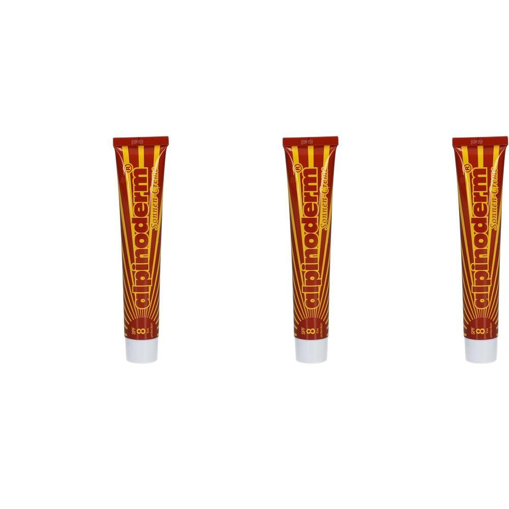 Drei Tuben Sonnencreme. Die Tuben sind rot-gelb gestreift mit weißem Verschluss. Auf jeder Tube steht "alpinoderm".