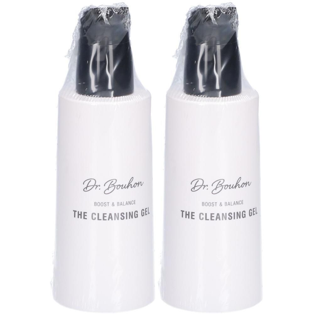 Zwei weiße Flaschen mit schwarzem Verschluss, beschriftet mit 'Dr. Bouhon The Cleansing Gel'.