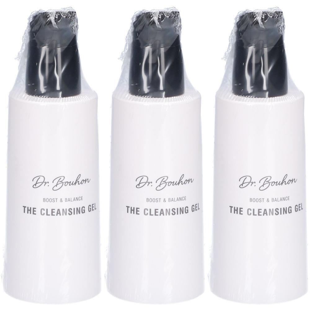 Drei weiße Flaschen mit schwarzem Pumpspender, beschriftet mit 'Dr. Bouhon The Cleansing Gel'.