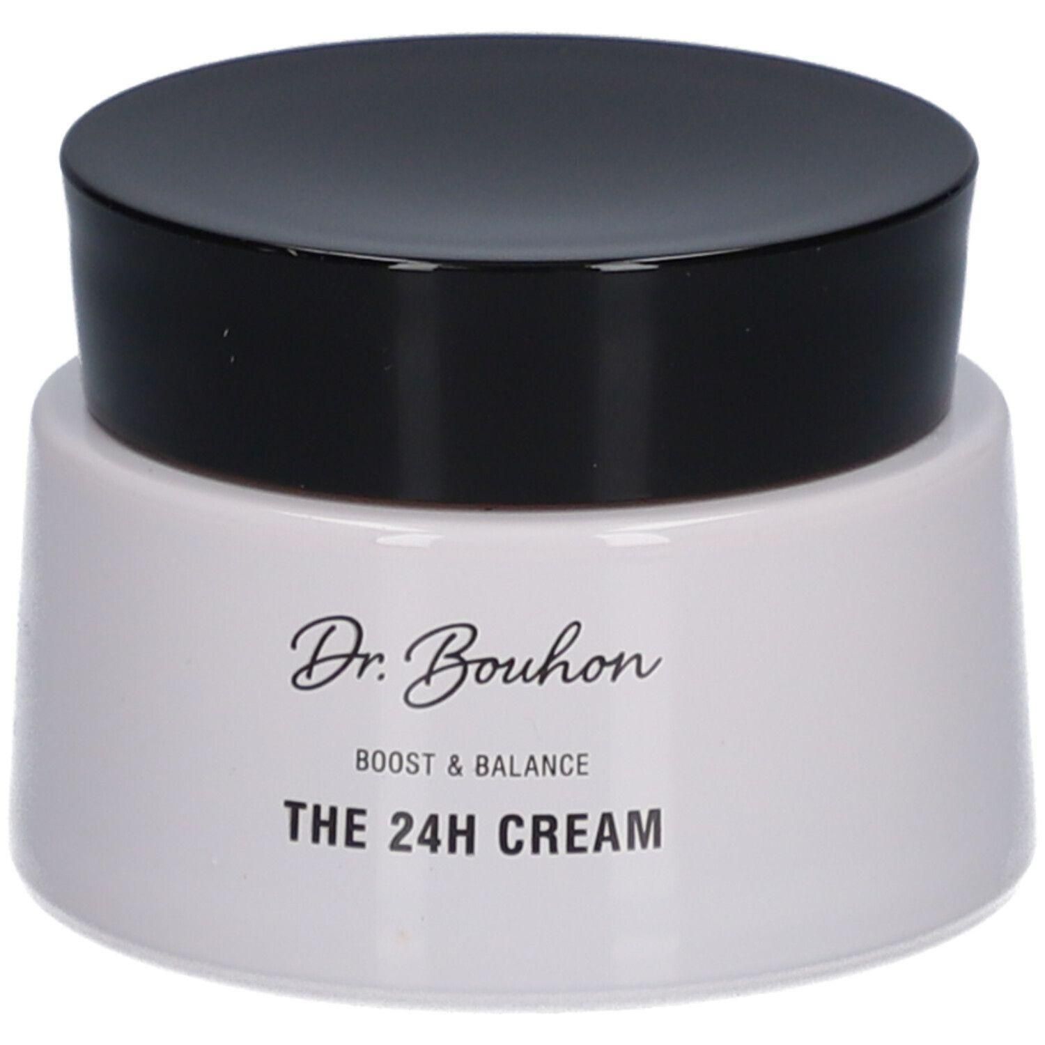 Dr. Bouhon 24h Creme in weißem Tiegel mit schwarzem Deckel.