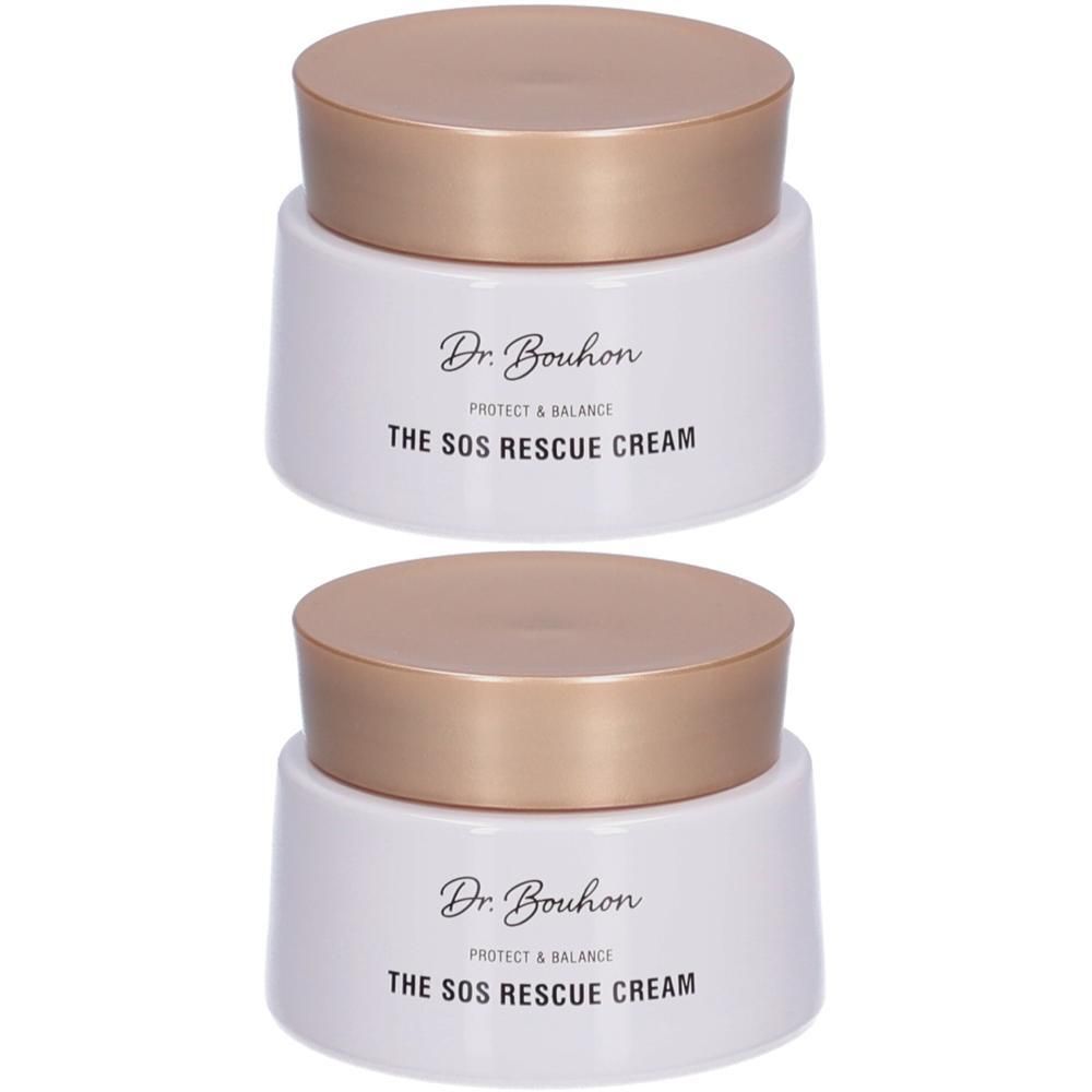 Zwei weiße Tiegel mit goldenen Deckeln. Beschriftung: Dr. Bouhon, PROTECT & BALANCE, THE SOS RESCUE CREAM.