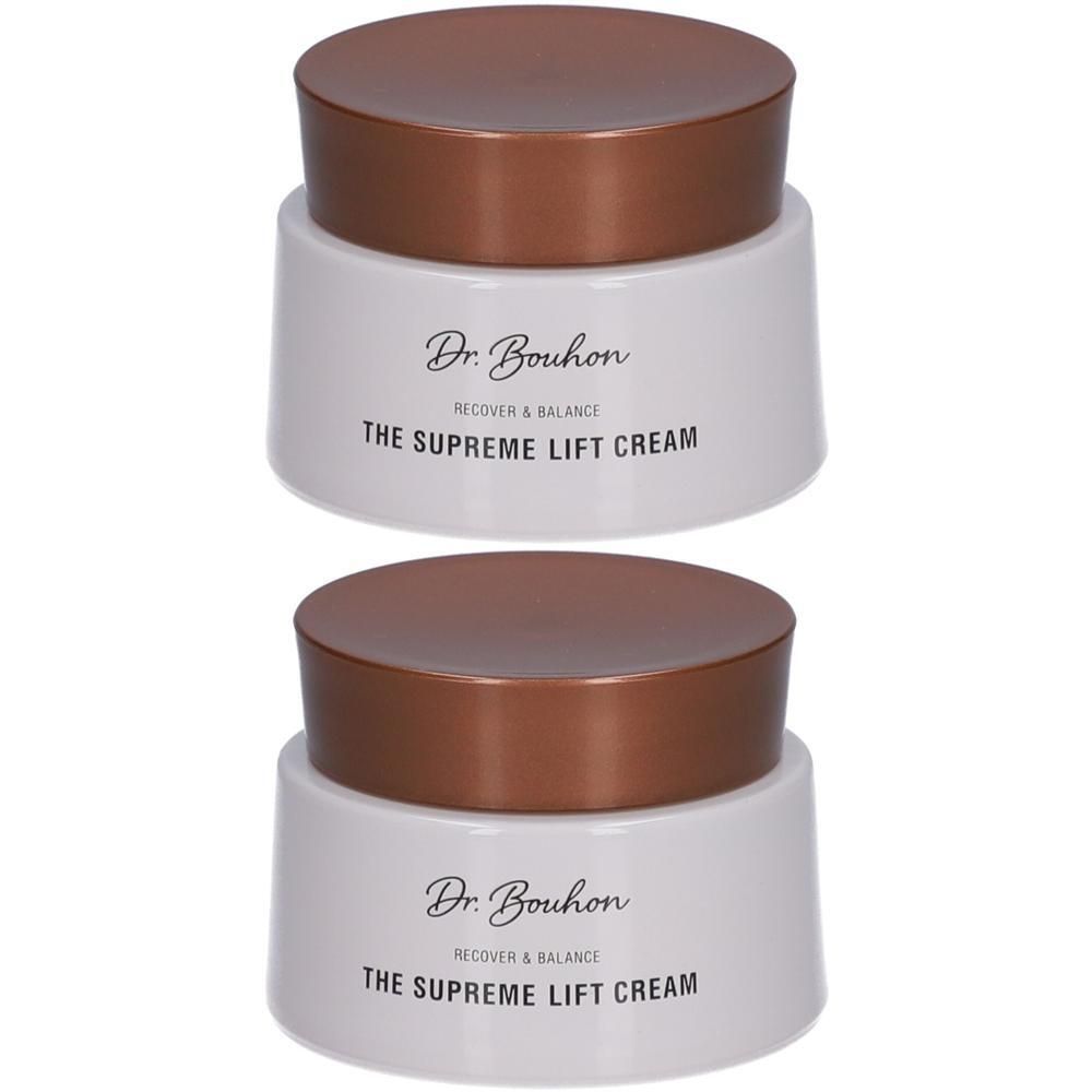 Zwei Tiegel Dr. Bouhon The Supreme Lift Creme mit kupferfarbenen Deckeln.