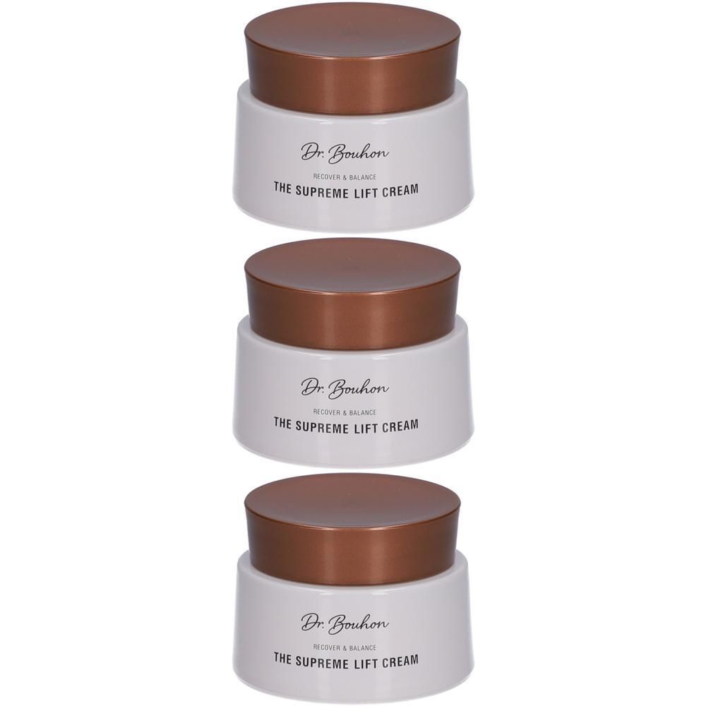 Drei Cremetiegel mit braunen Deckeln. Beschriftung: Dr. Bouhon, THE SUPREME LIFT CREAM.