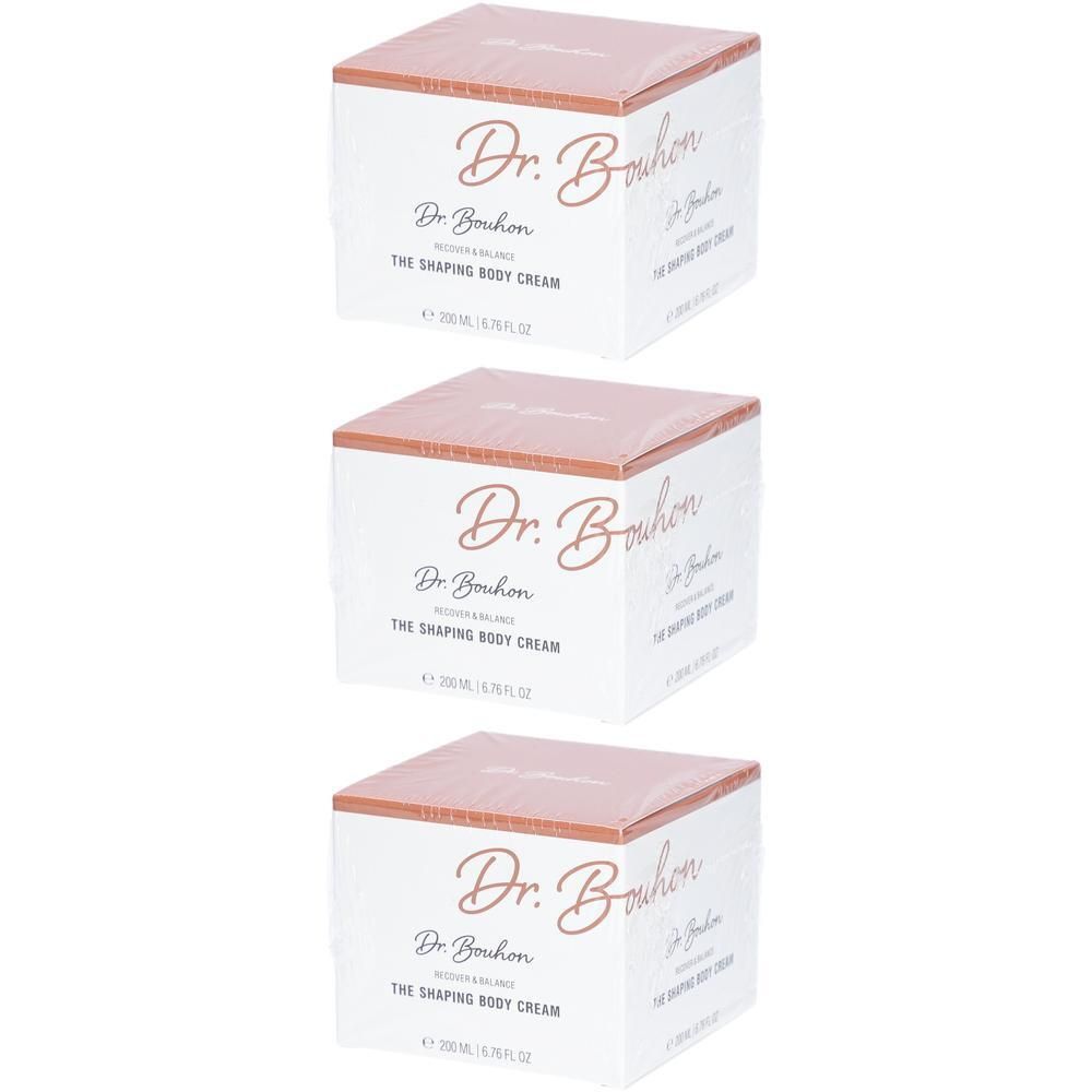 Drei weiße Boxen mit Dr. Bouhon Die formende Körpercreme. Jede Box zeigt den Markennamen und Produktinformationen.