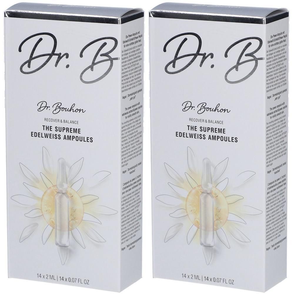 Zwei Packungen Dr. Bouhon The Supreme Edelweiss Ampoules. Jede Packung enthält 14 x 2 ml Ampullen.