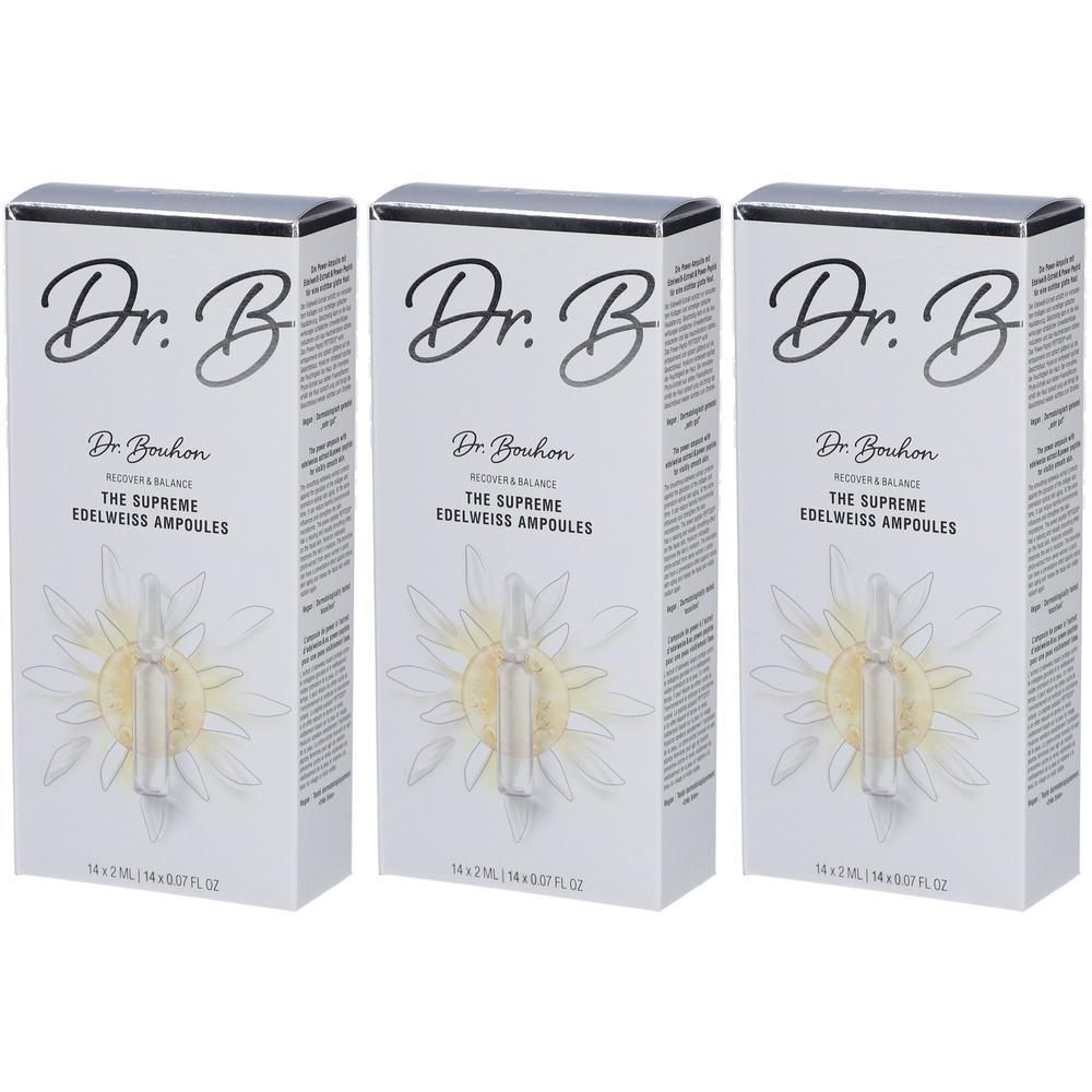 Drei Schachteln Dr. B. The Supreme Edelweiss Ampoules mit Edelweiß-Illustration.