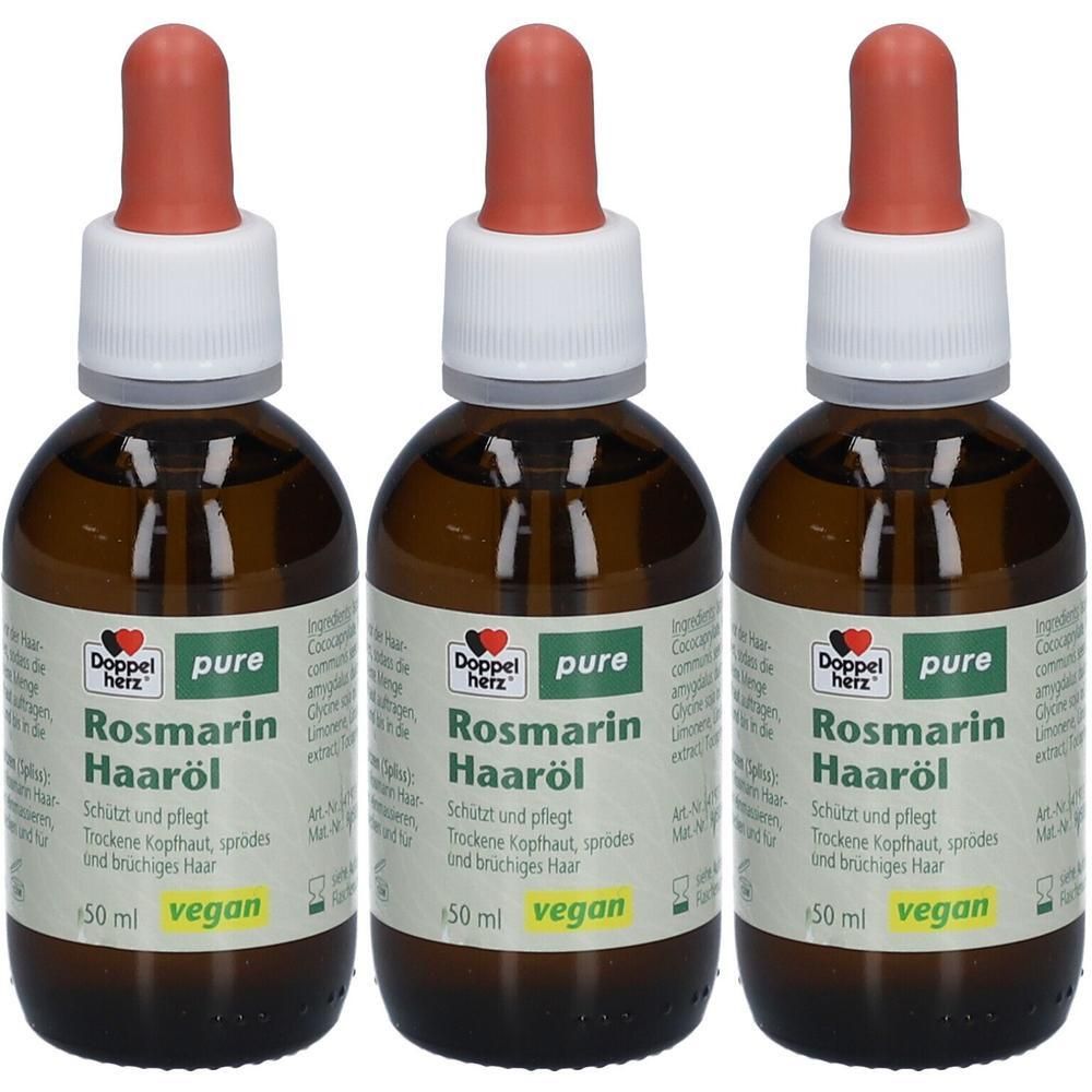 Drei Flaschen Doppelherz pure Rosmarin Haaröl. Braune Glasflaschen mit Dosierpipette. Aufschrift: Rosmarin Haaröl, vegan.