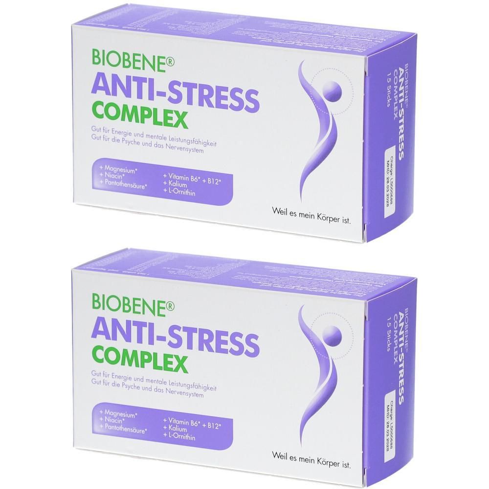Zwei Schachteln BIOBENE® Anti-Stress Complex. Weiß-lila Verpackung mit Produktnamen und Inhaltsstoffen. Aufschrift: Weil es mein Körper ist.