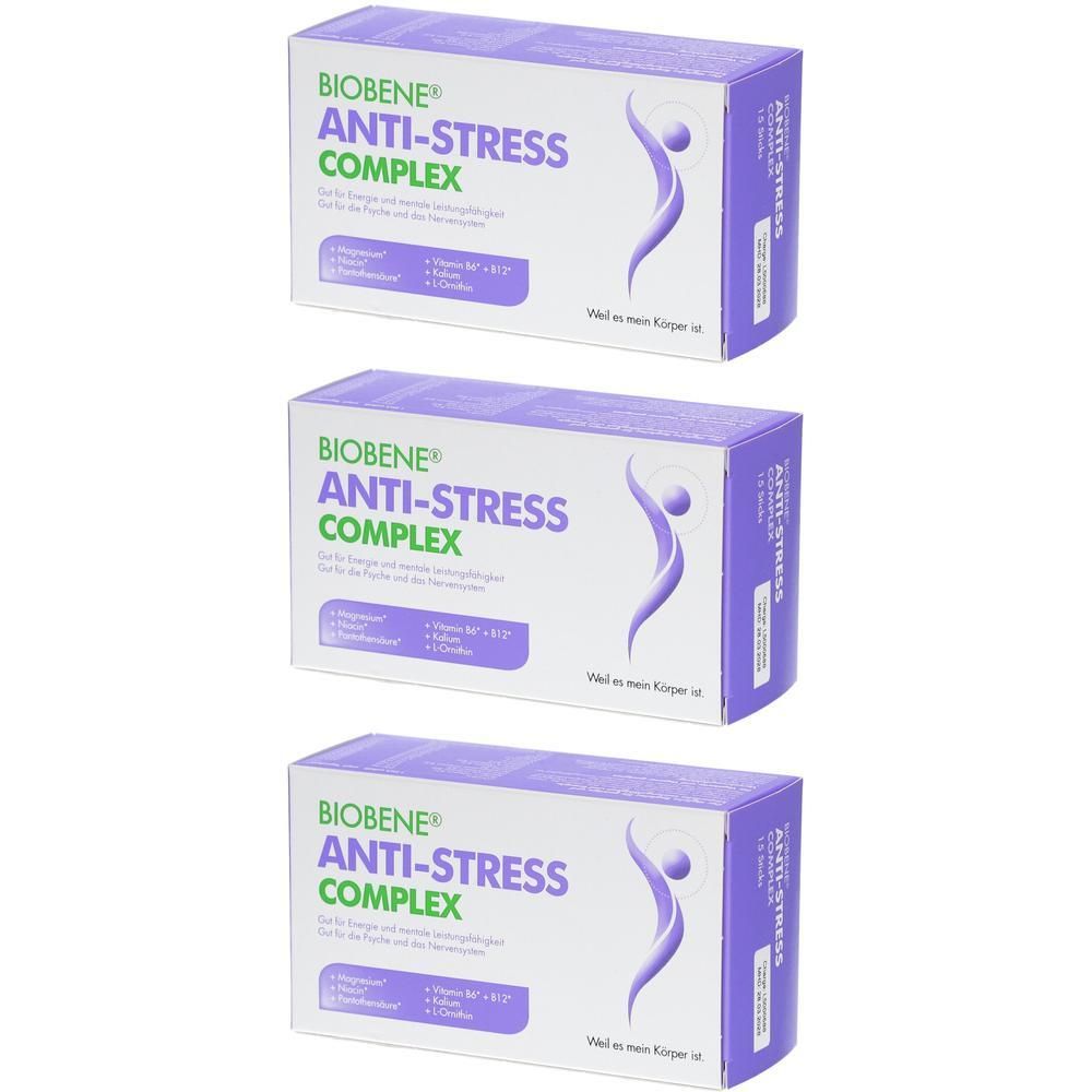 Drei Schachteln BIOBENE® Anti-Stress Complex. Lila Verpackung mit weißer Schrift und einem stilisierten lila Körper.