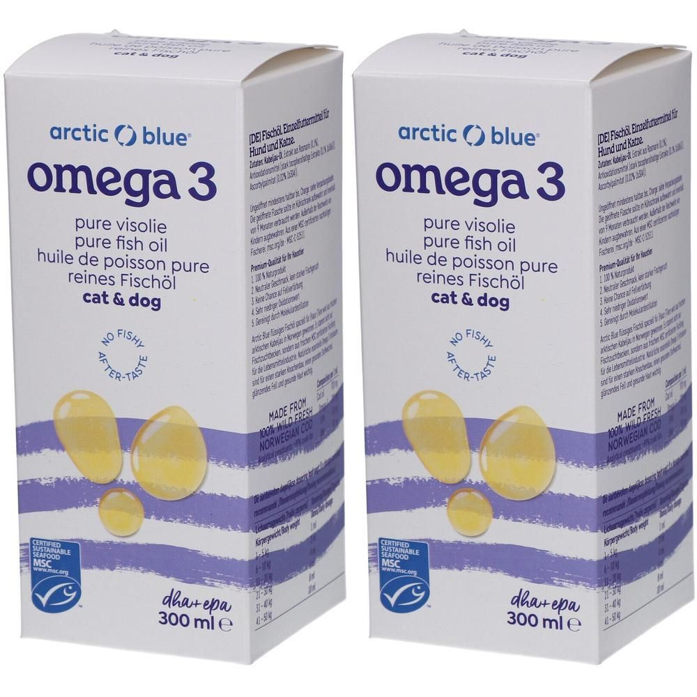 Zwei Kartons mit "Arctic Blue Omega 3" Fischöl. Aufschrift: "pure visolie", "cat & dog". Blaue und gelbe Elemente.