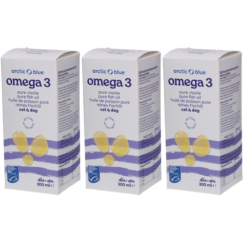Drei Kartons mit "Arctic Blue Omega 3" Fischöl für Hunde & Katzen. Weiße Verpackung mit blauem Streifenmuster und Produktinformationen.