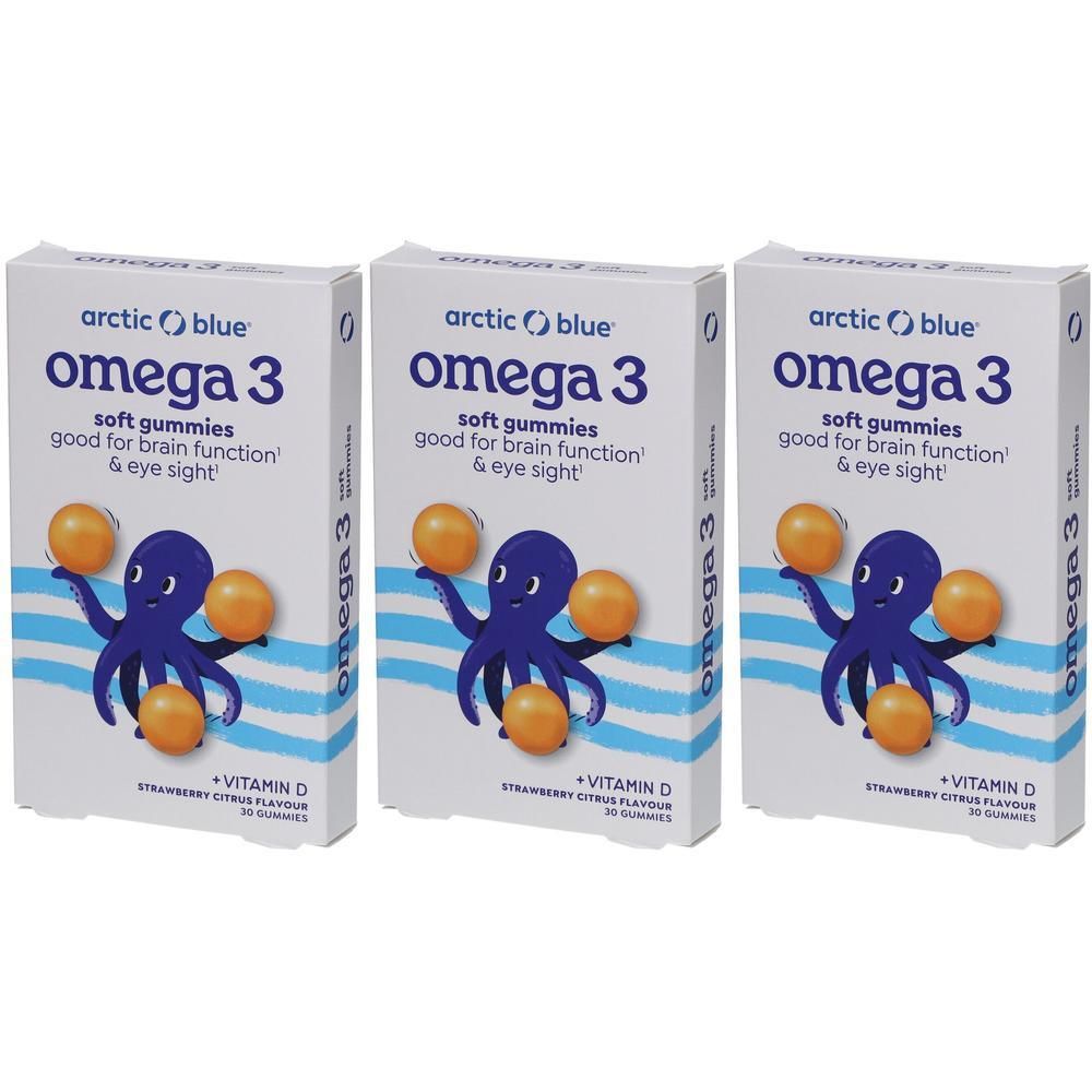 Drei Schachteln Omega 3 Gummies. Auf jeder Schachtel: Logo, Text „Omega 3“, Illustration eines Oktopus mit Gummies.