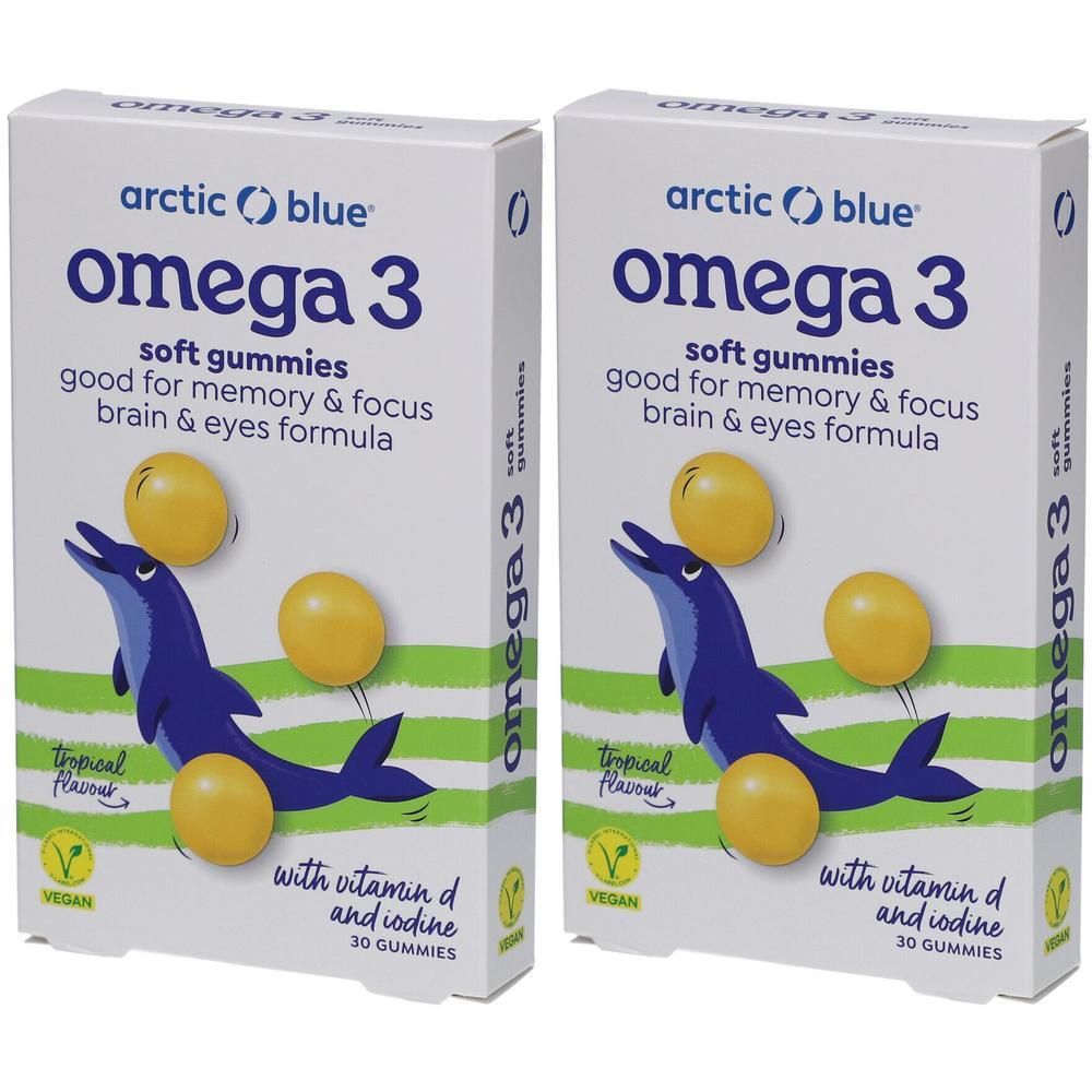 Zwei Schachteln mit Omega 3 Gummies. Aufschrift: Arctic Blue, Omega 3, soft gummies, mit Vitamin D und Jod. Vegan.