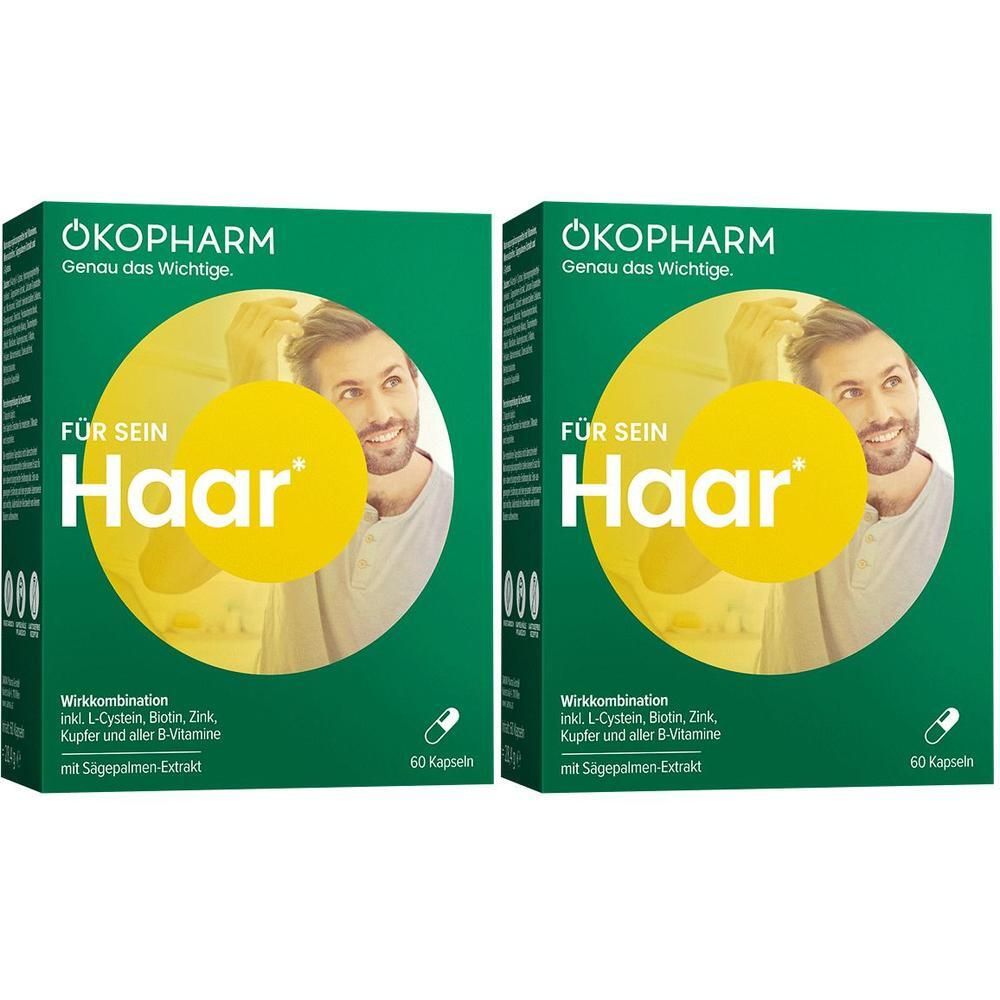 Zwei grüne Schachteln mit der Aufschrift "ÖKOPHARM Für sein Haar". Enthält 60 Kapseln. Mit Sägepalmen-Extrakt.