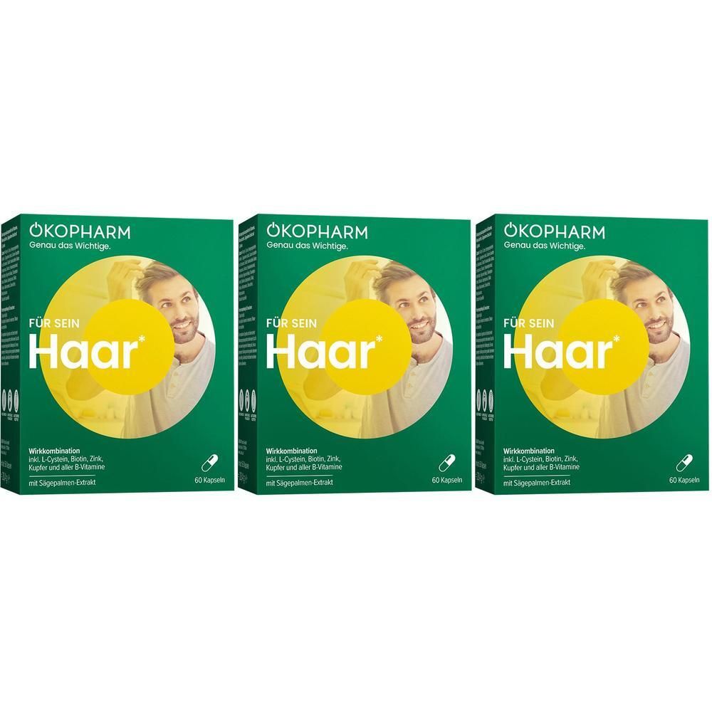 Drei grüne Schachteln mit Produktaufdruck. Aufschrift: ÖKOPHARM Für sein Haar. Gelbes rundes Element mit Mann.