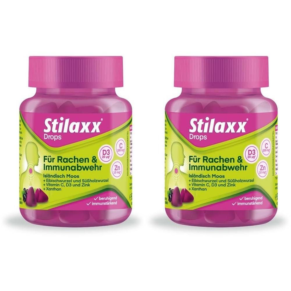 Zwei Flaschen Stilaxx Drops. Rosa Deckel, grünes Etikett mit Produktinformationen. Aufschrift: Für Rachen & Immunabwehr.