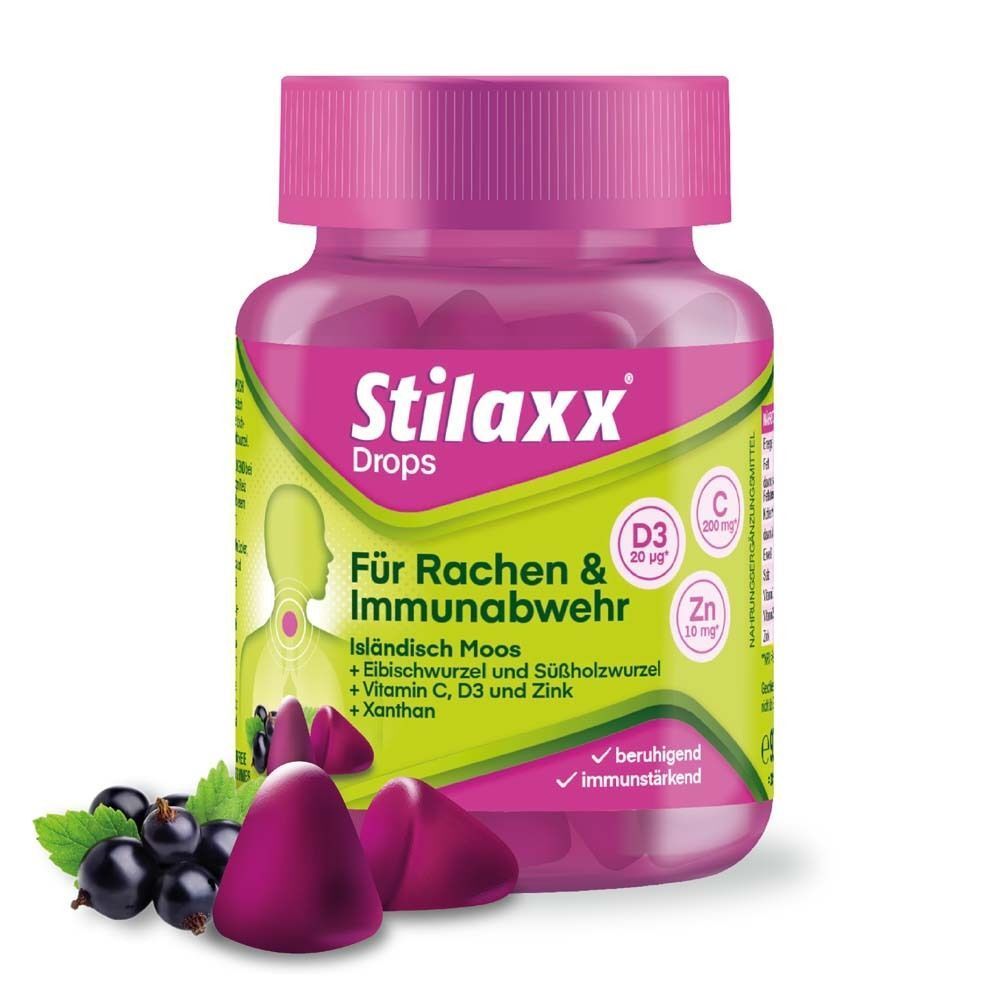 Eine Flasche Stilaxx Drops mit rosa Deckel und grüner Etikett. Produktabbildung und Text: Für Rachen & Immunabwehr. Daneben Beeren und Gummibärchen.