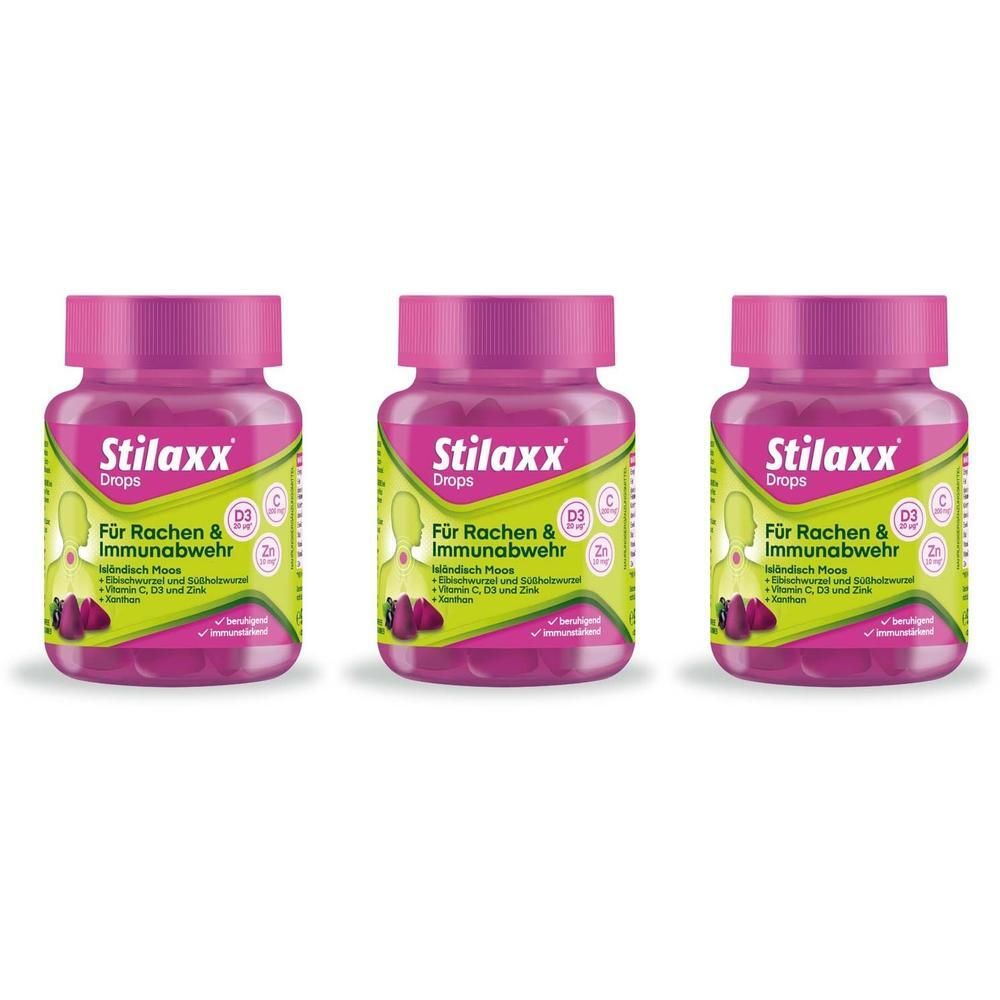 Drei Flaschen Stilaxx Drops. Rosa Deckel, grüne Etiketten mit Produktinformationen. Beeren-Abbildung.