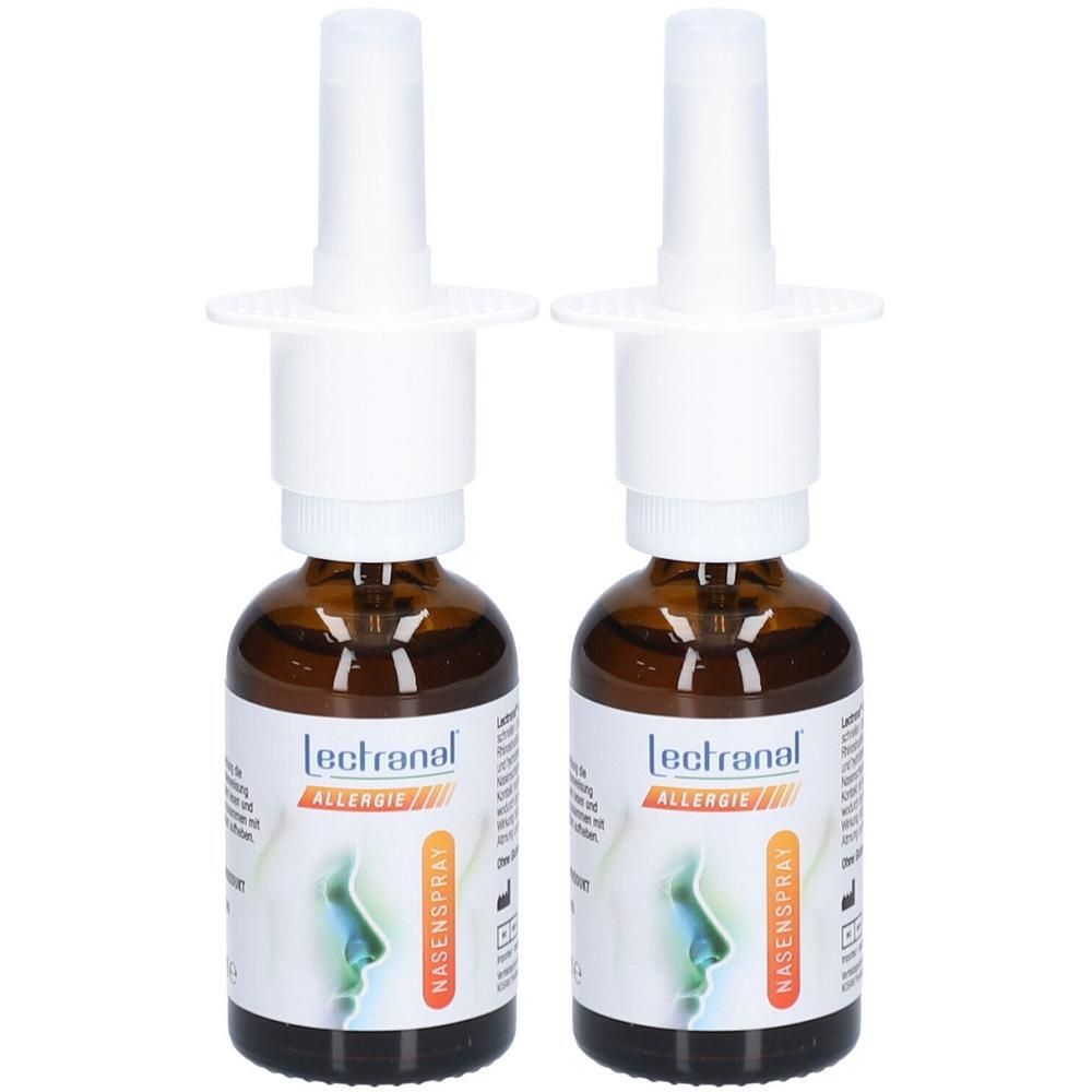 Zwei Nasensprays mit weißem Sprühkopf und brauner Glasflasche. Aufschrift: lectranal Allergie Nasenspray. Abbildung eines Nasenprofils.