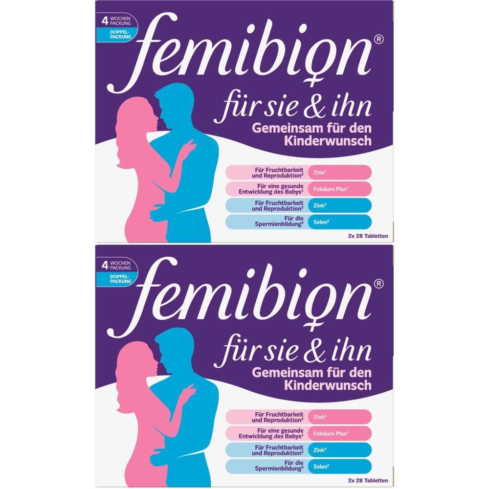 Zwei Packungen Femibion für Sie & Ihn. Lila Verpackung mit Umrisszeichnungen von Mann und Frau. Text: Gemeinsam für den Kinderwunsch.