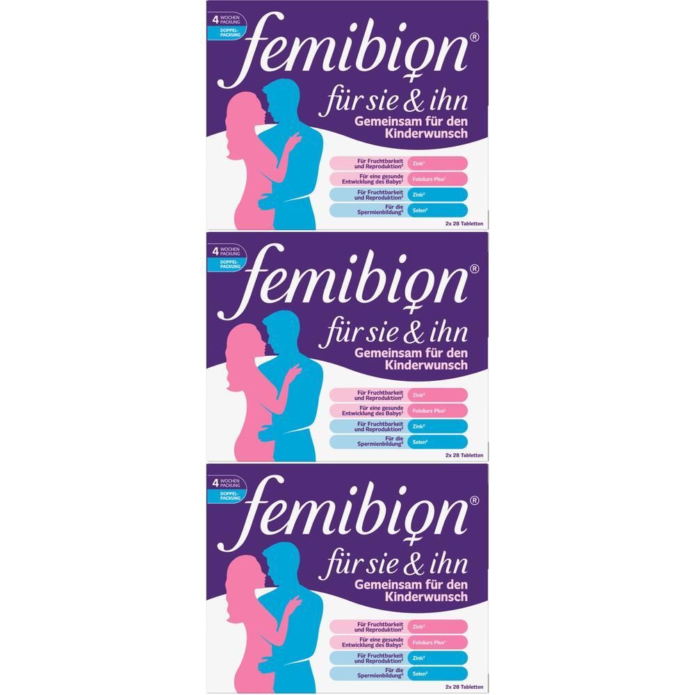 Drei Packungen Femibion für Sie & Ihn. Aufdruck: Gemeinsam für den Kinderwunsch. Enthält Tabletten.