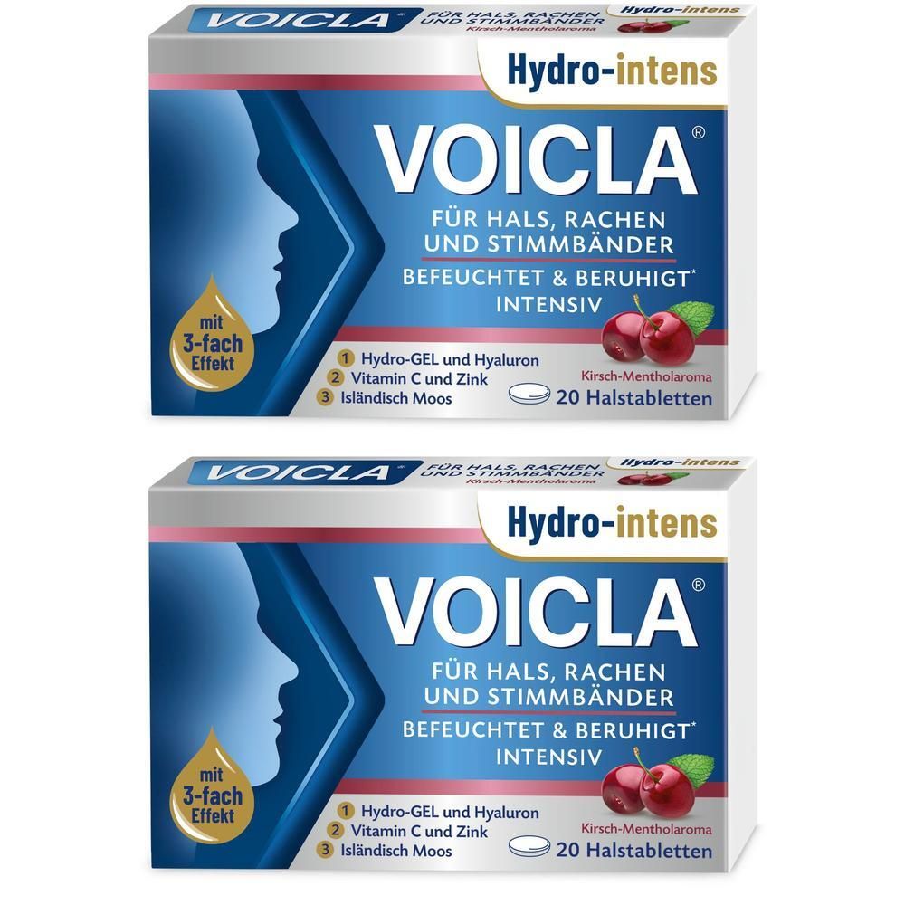 Zwei Schachteln VOICLA Hydro-intens Halstabletten. Blaue Verpackung mit Produktnamen, Kirsch-Mentholaroma und 20 Tabletten.