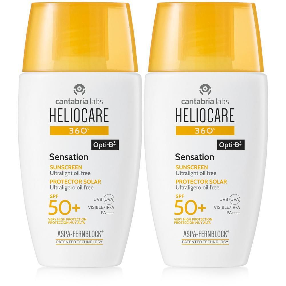 Zwei weiße Flaschen mit gelben Deckeln. Aufschrift: Heliocare 360° Sensation SPF 50+. Sonnenschutzmittel.