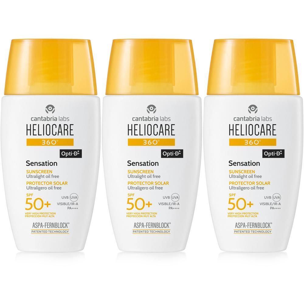 Drei Flaschen Heliocare 360° Sensation SPF 50+ Sonnenschutz. Weiße Flaschen mit gelben Deckeln. Text: SPF 50+, Opti-D.
