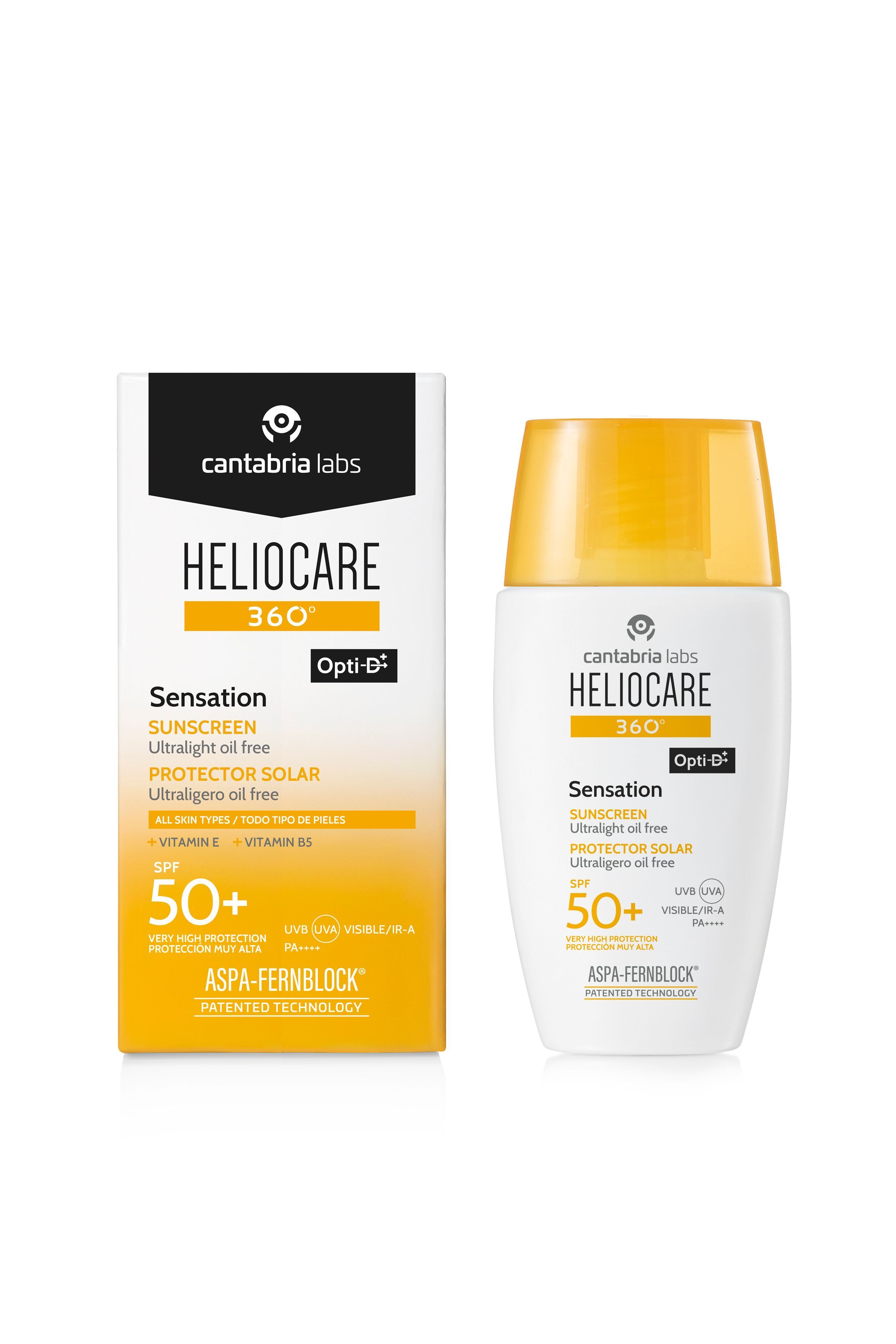 Heliocare 360° Sensation SPF 50+ und Verpackung. Weiße Flasche mit gelbem Deckel. Verpackung: weiß, gelb, Text.