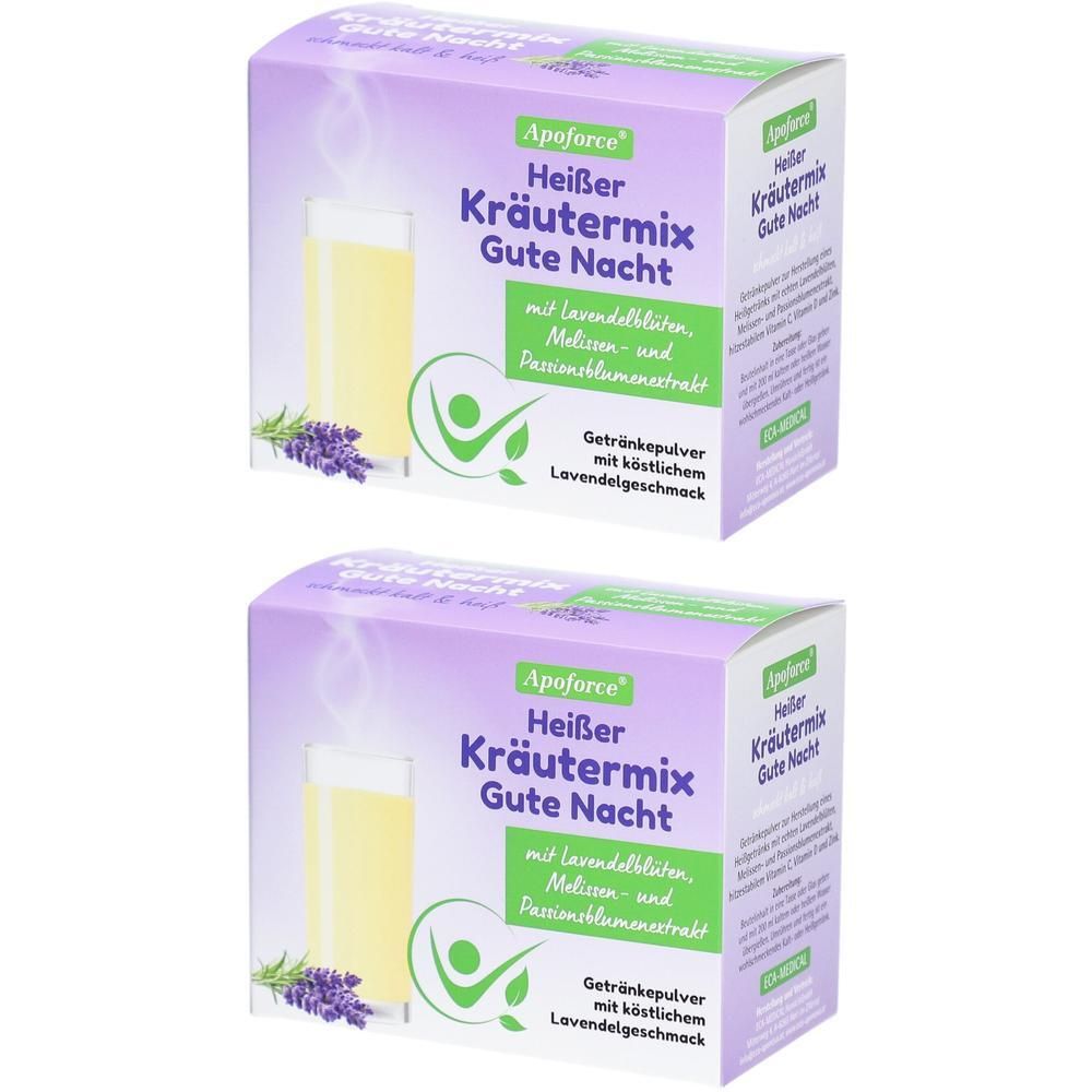 Zwei Kartons Apoforce Kräutermix Gute Nacht. Lila Verpackung mit Produktnamen und Illustration eines Getränks. Lavendel- und Kräutermotiv.