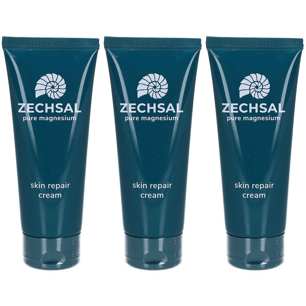 Drei Tuben Hautcreme. Dunkelblaue Tuben mit weißem Logo und Schriftzug. Aufschrift: ZECHSAL, pure magnesium, skin repair cream.