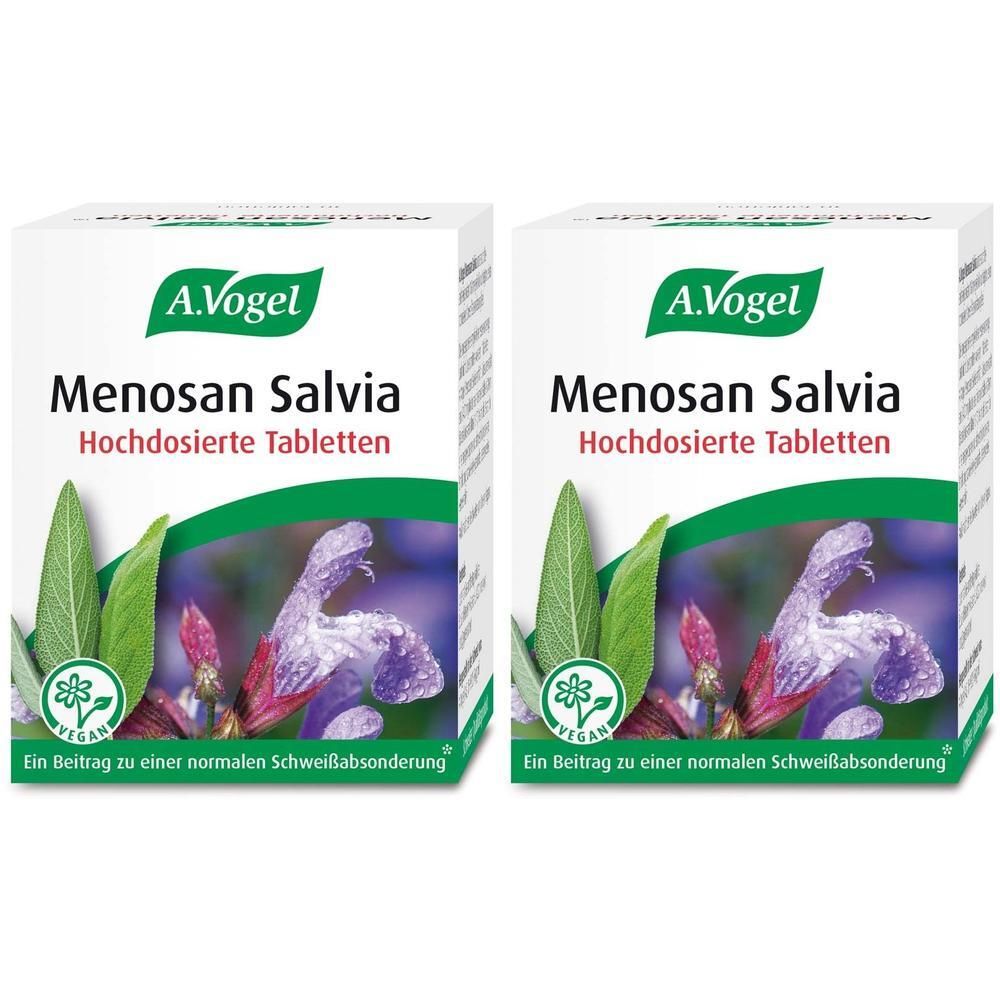 Zwei weiße Schachteln mit A.Vogel-Logo und Menosan Salvia. Text: Hochdosierte Tabletten, Vegan-Siegel, und ein Hinweis auf Schweißabsonderung.