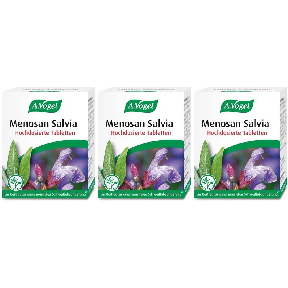 Drei Schachteln mit dem Produktnamen Menosan Salvia. Auf jeder Schachtel steht „A. Vogel“ und ein Bild von Salbeiblättern und Blüten.