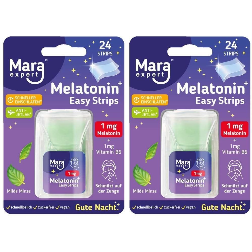 Zwei Packungen Mara Expert Melatonin+ Easy Strips. Jede Packung enthält 24 Streifen. Aufschrift: 1 mg Melatonin, 1 mg Vitamin B6.