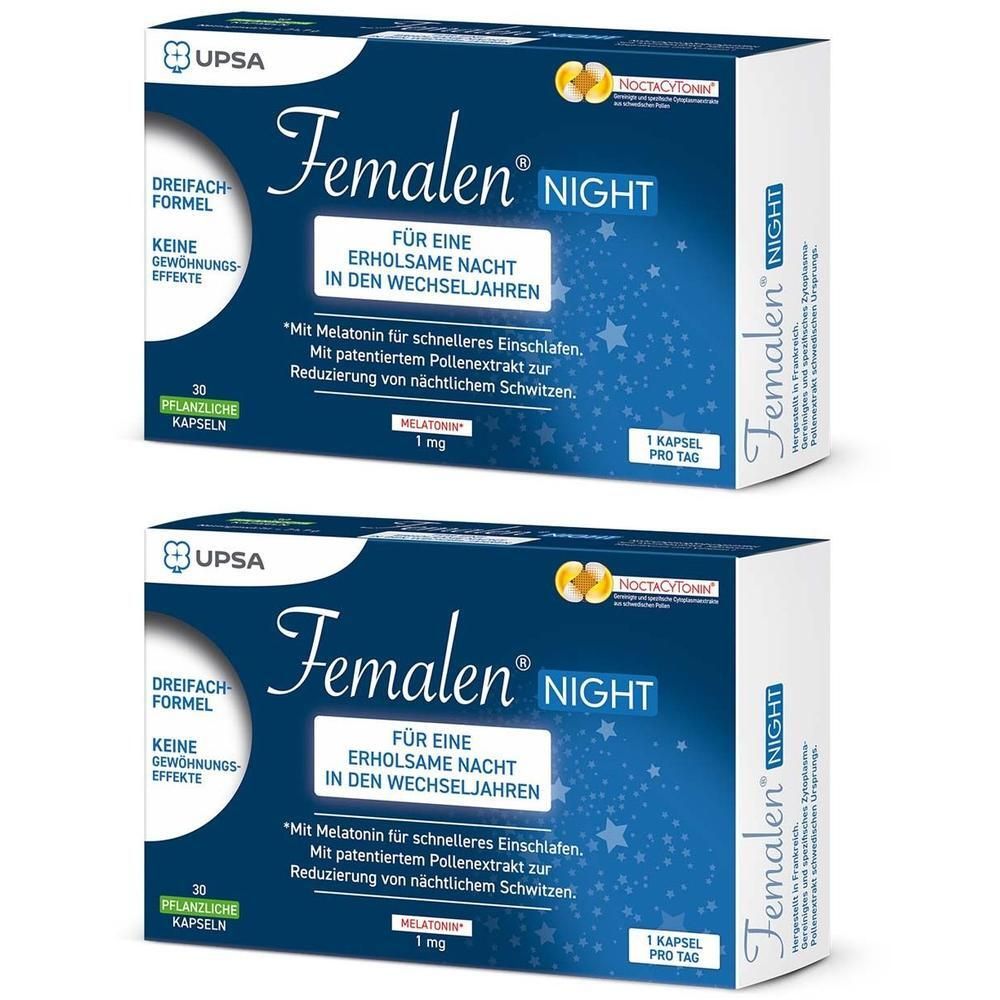 Zwei Packungen Femalen Night mit je 30 Kapseln. Enthält Melatonin für schnelles Einschlafen.