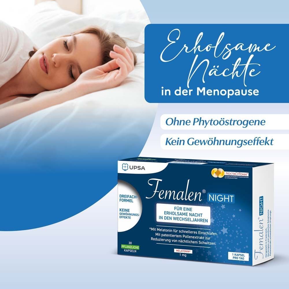 Frau schläft erholsam. Femalen Night Packung mit 30 Kapseln, für erholsame Nächte in den Wechseljahren.