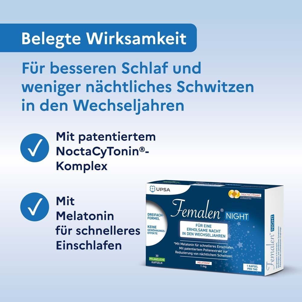 Femalen Night Packung mit 30 Kapseln. Mit patentiertem Noctacytonin-Komplex und Melatonin.
