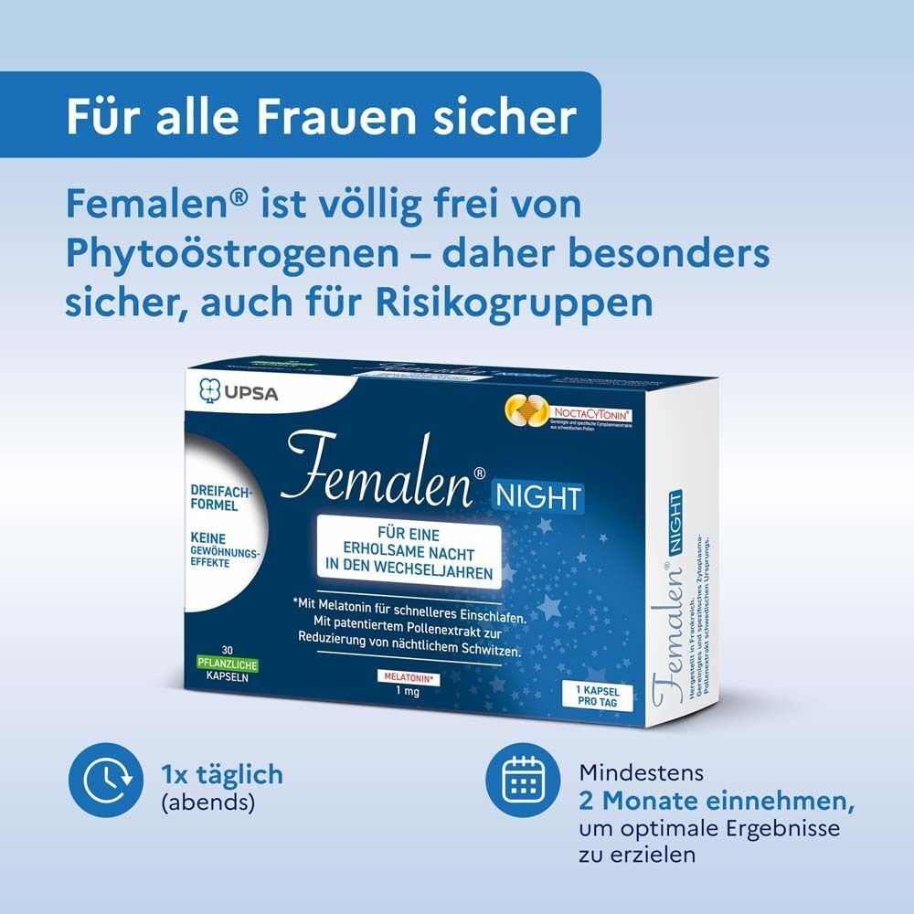 Femalen Night Packung mit 30 Kapseln. Frei von Phytoöstrogenen. Einnahme: 1x täglich abends.