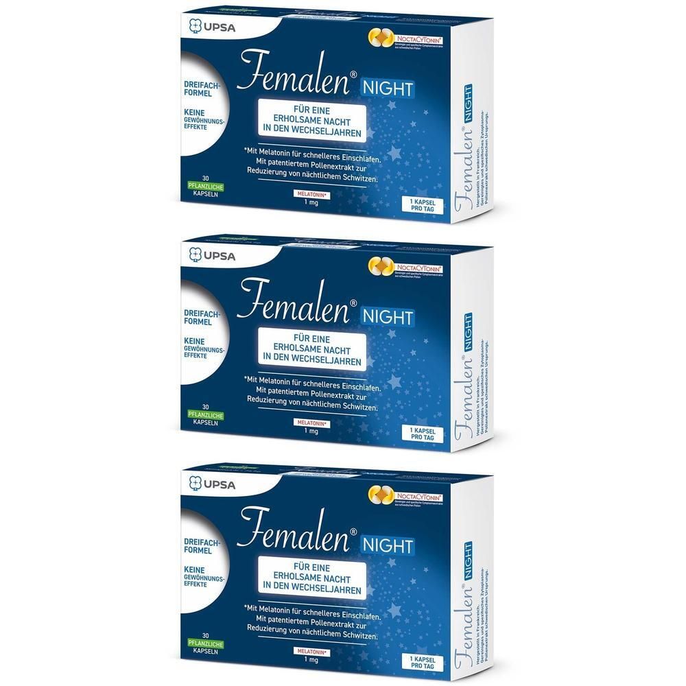 Drei Schachteln Femalen Night. Blaue Verpackung mit Produktnamen und Text. Enthält 30 Kapseln. Marke UPSA.