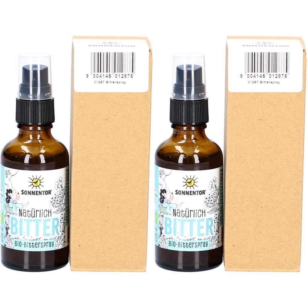 Zwei braune Glasflaschen mit Sprühkopf und Kartonverpackung. Aufschrift: SONNENTOR Natürlich BITTER bio-bitterspray.