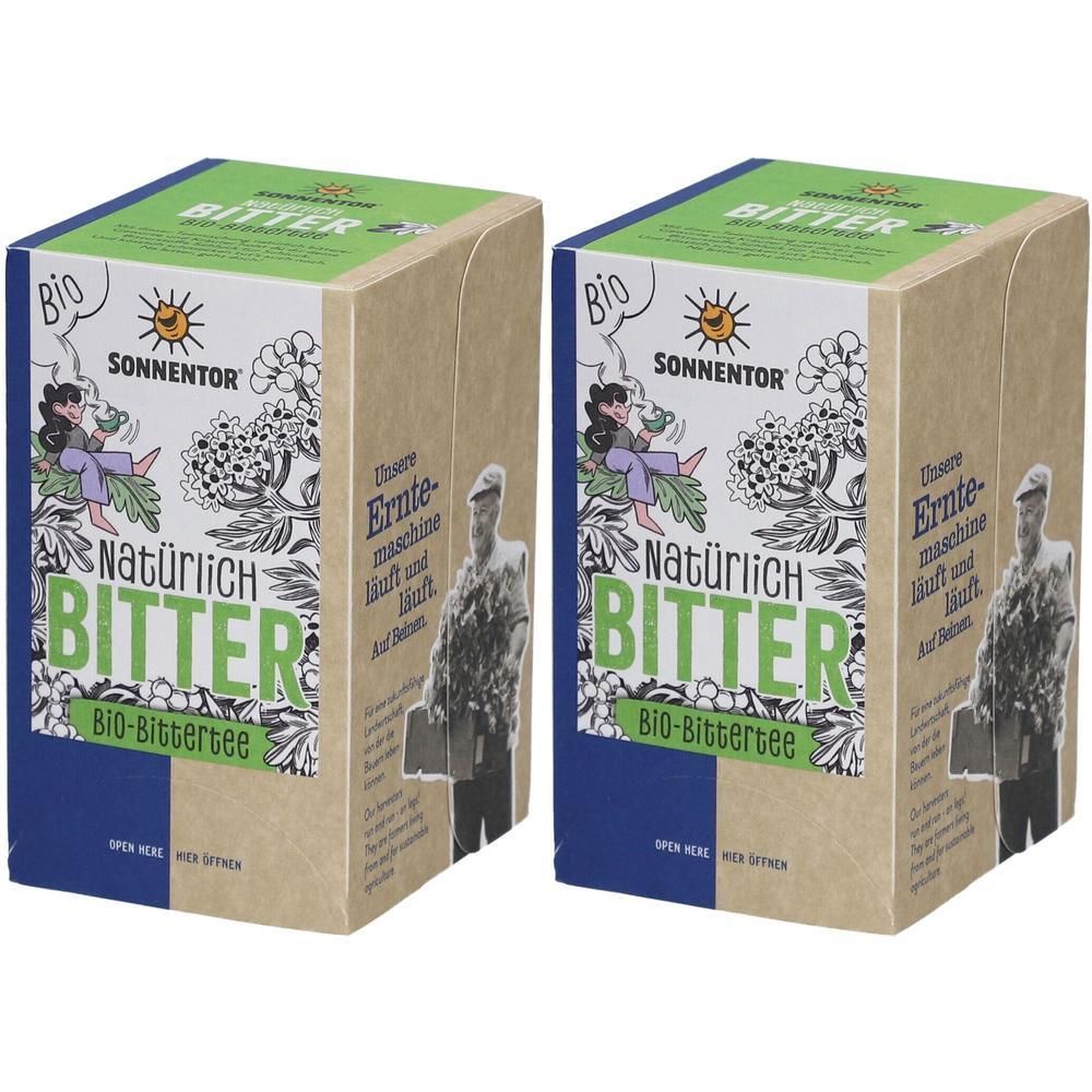 Zwei Schachteln SONNENTOR Bio-Bittertee mit Kräutermotiv und Illustrationen.