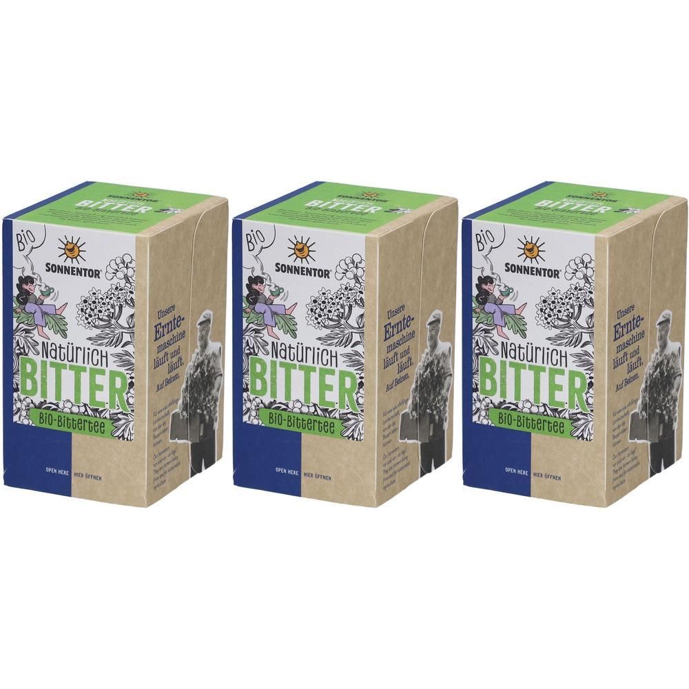 Drei Packungen Sonnentor Bio Natürlicher Bittertee. Kartonverpackung mit Illustrationen und Text.