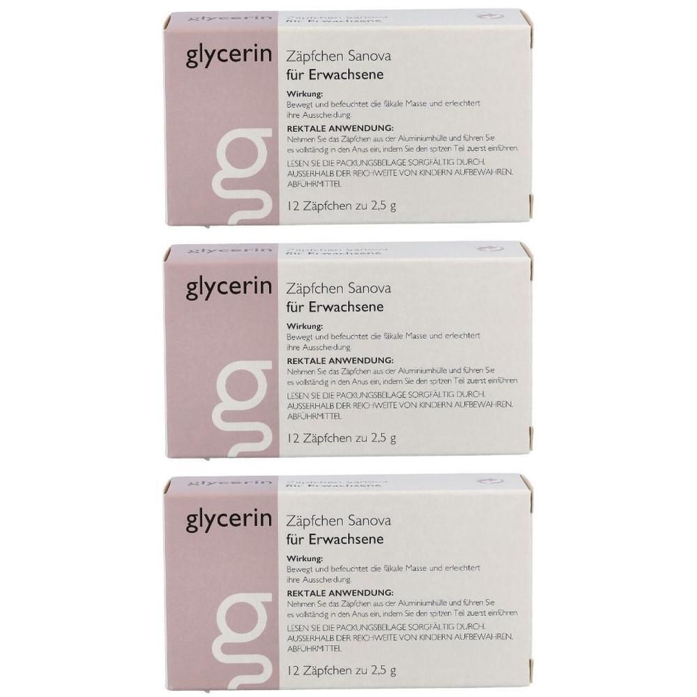 Drei Schachteln Glycerin Zäpfchen Sanova für Erwachsene, je 12 Zäpfchen zu 2,5g.