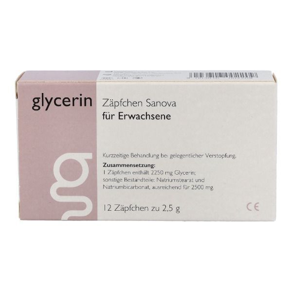 Glycerin Zäpfchen Sanova für Erwachsene, 12 Stück, 2,5g.