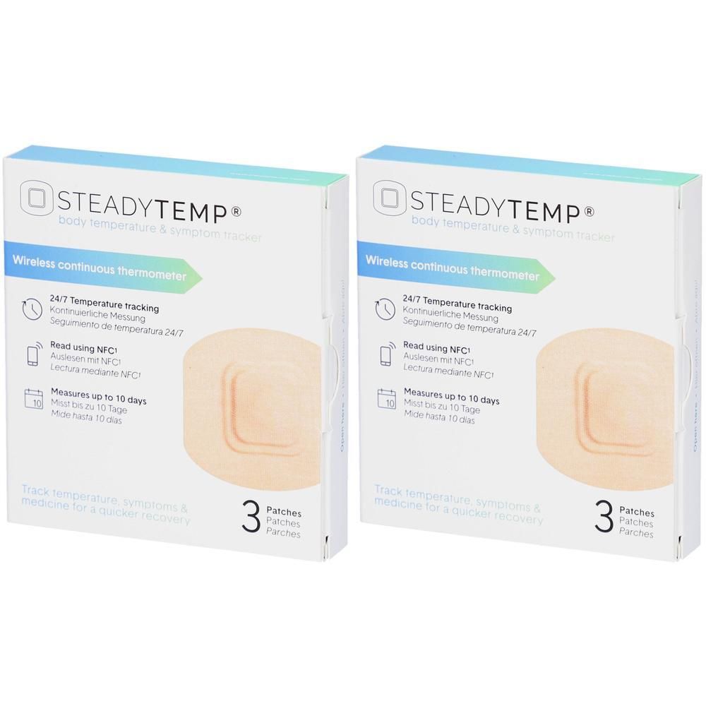 Zwei Packungen STEADYTEMP Pflaster für kontinuierliche Temperaturmessung, je 3 Stück.