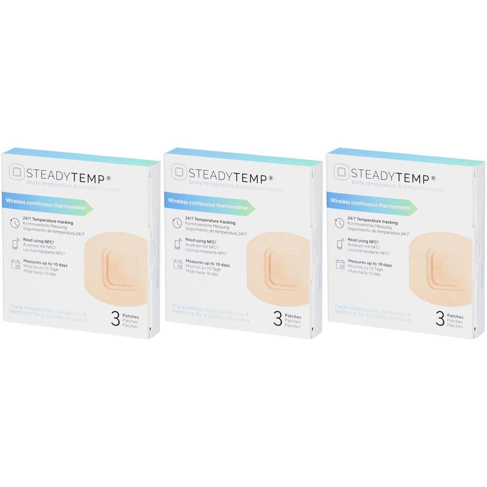 Drei Packungen STEADYTEMP Wireless Continuous Thermometer Pflaster mit je 3 Stück.