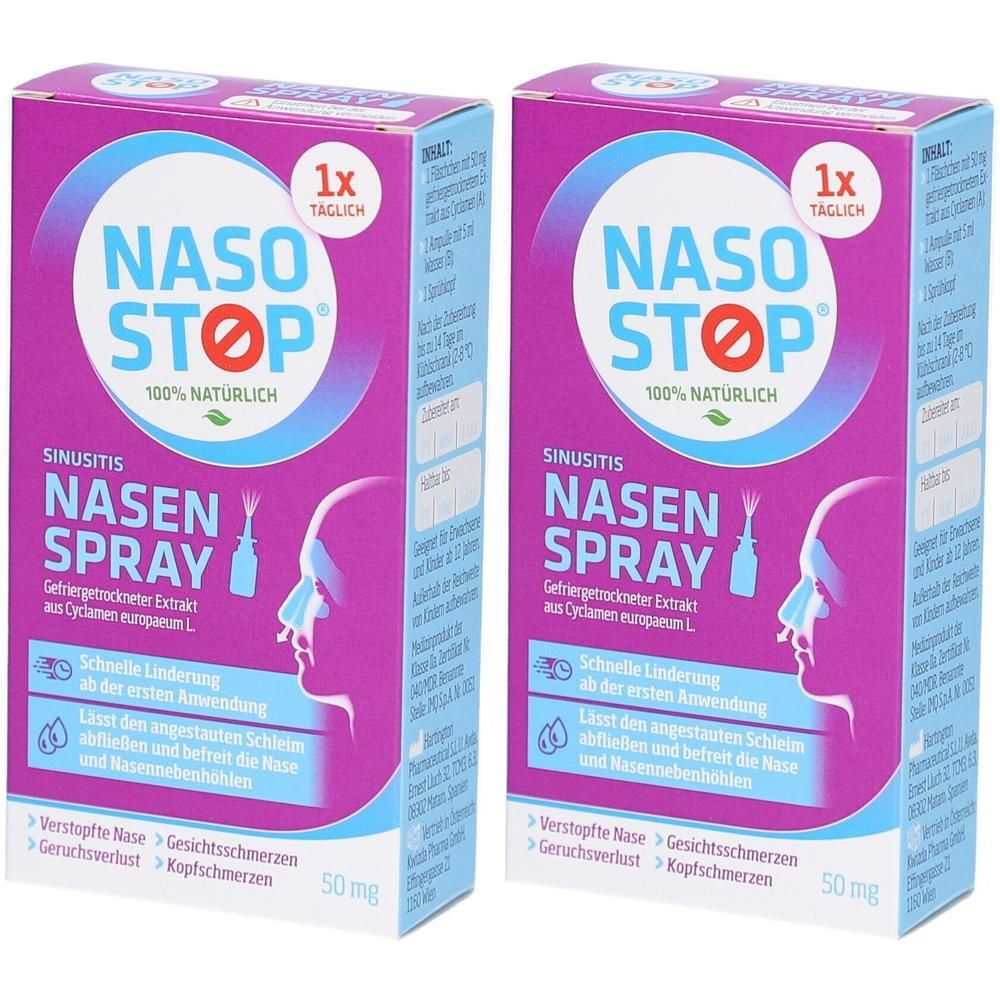 Zwei Packungen Nasen-Spray mit 100% natürlichem Extrakt. Für Sinusitis, verstopfte Nase und Kopfschmerzen.