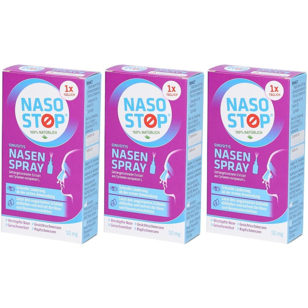 Drei Packungen Nasen-Spray mit lila und blauen Akzenten. Zeigt eine stilisierte Nase und ein Kopfprofil.